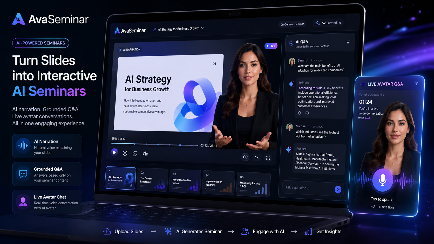 AvaSeminar seminar room with AI narration, deck playback, AI Q and A, and live avatar support.